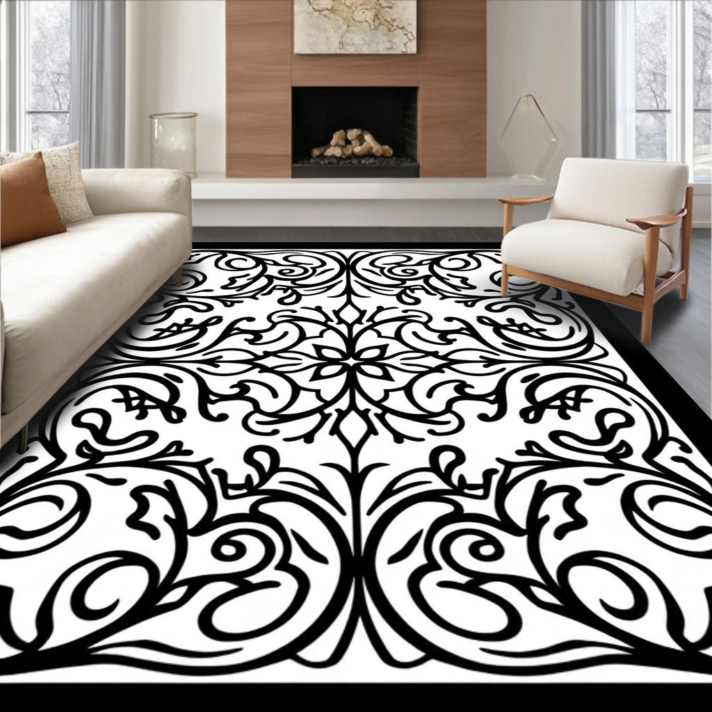 Ornate Black White Floral Swirls Rug
