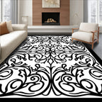 Ornate Black White Floral Swirls Rug