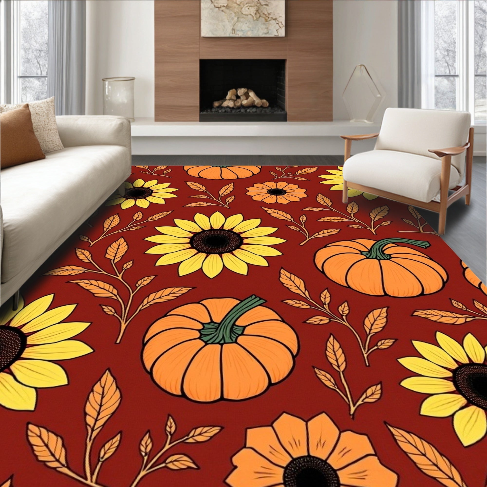 Autumnal Pumpkin Sunflower Pattern Rug