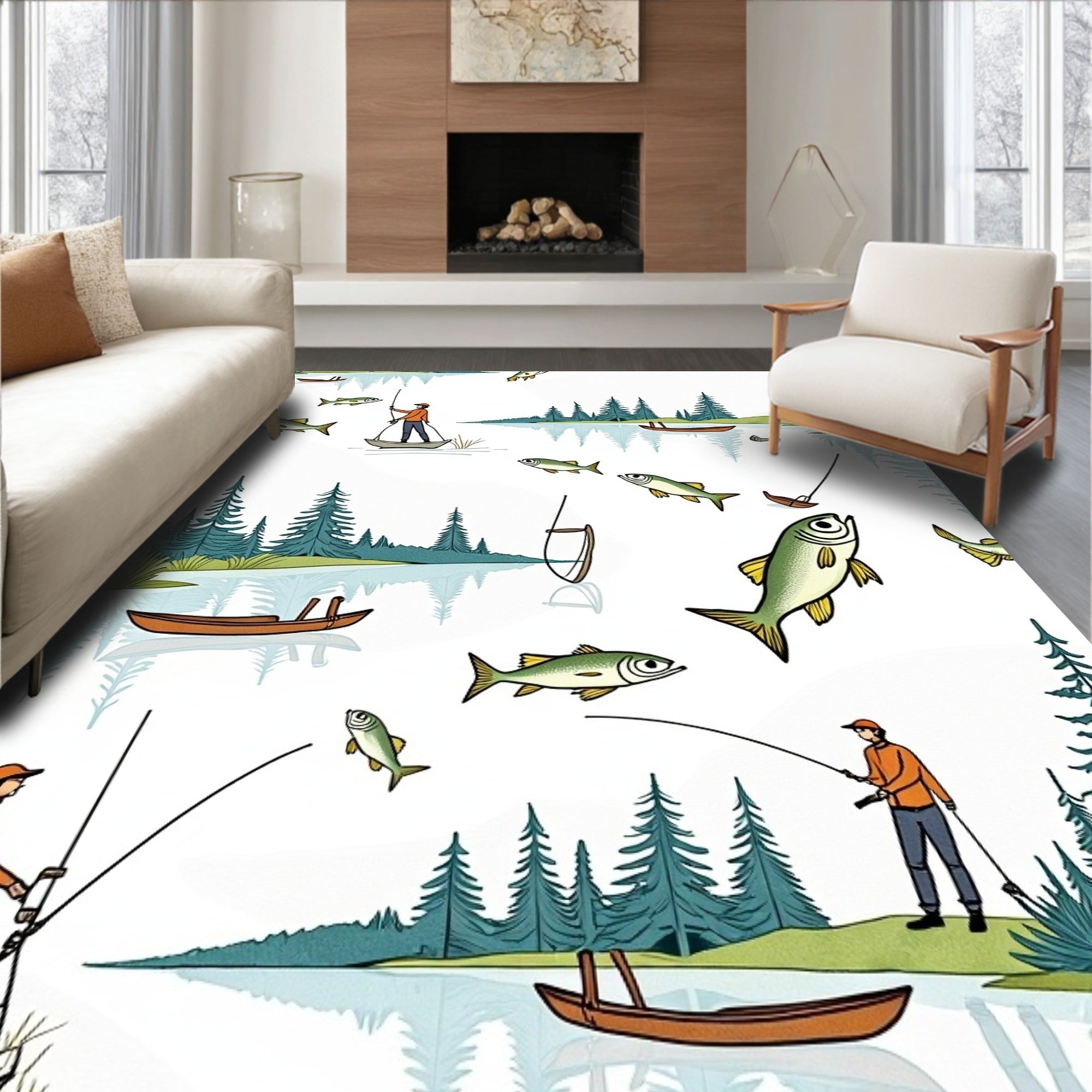 Fishing Scene with Forest Lake Pattern Rug