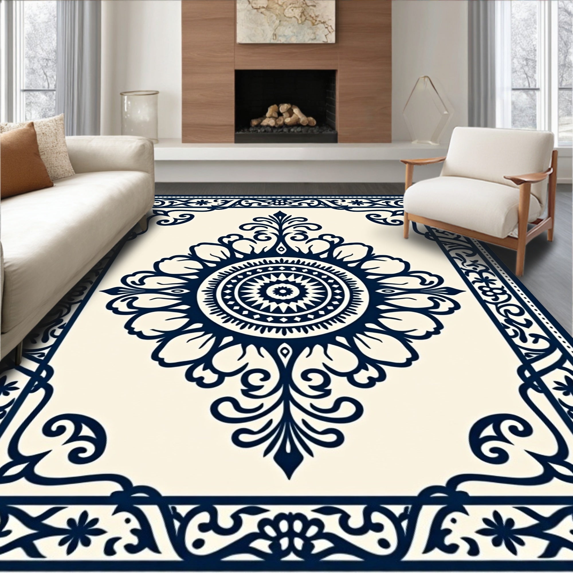Classic Dark Navy Intricate Floral Design Rug