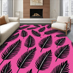 Black Feather Patterned Pink Rug