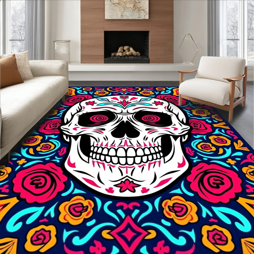 Vibrant Floral Skull Pattern Rug