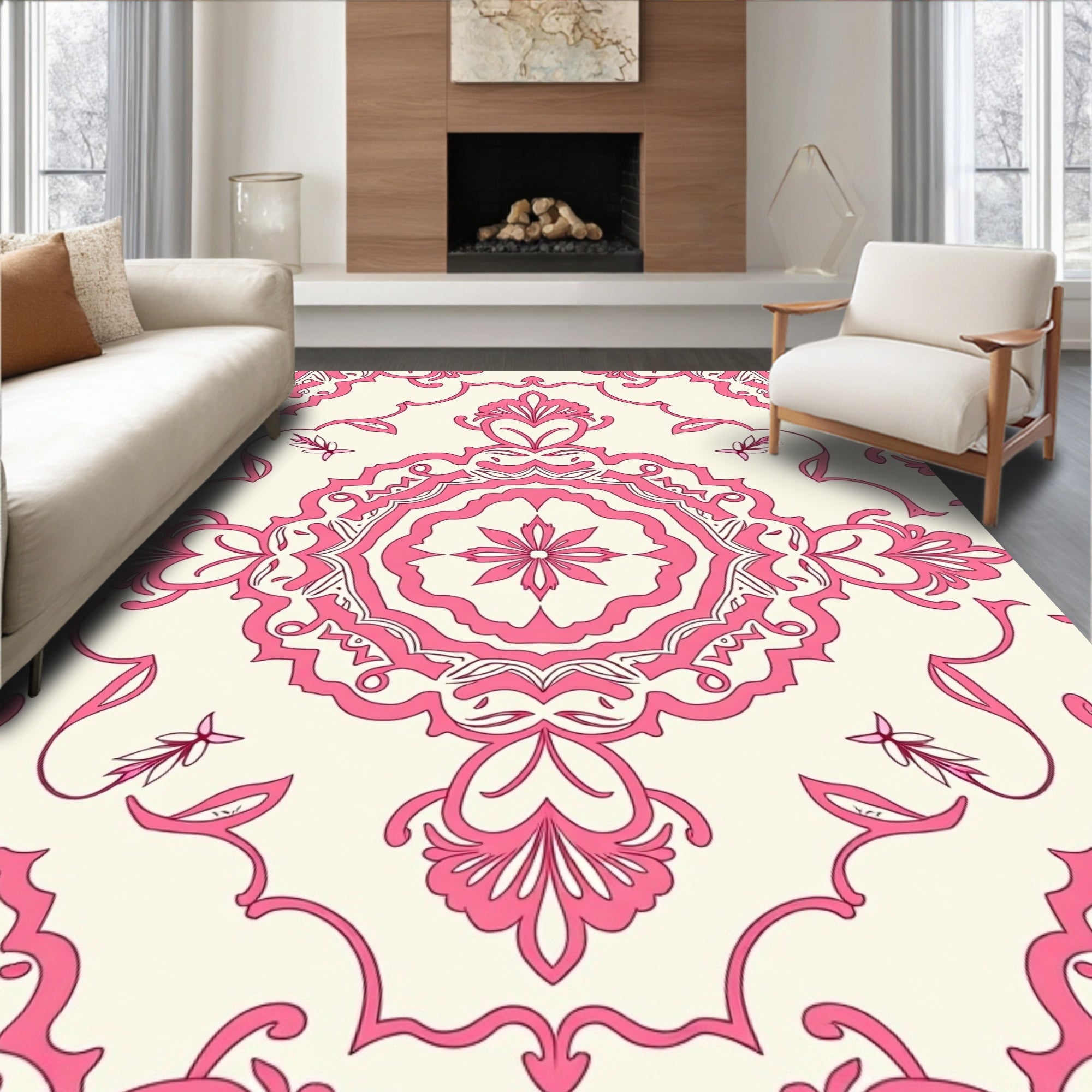 Pink Floral Medallion Damask Rug