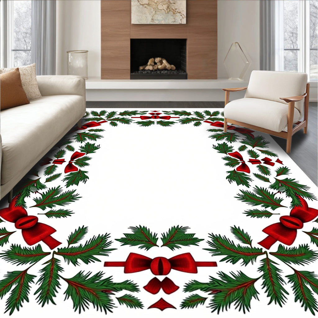 Festive Greenery Red Bowmed Border Rug