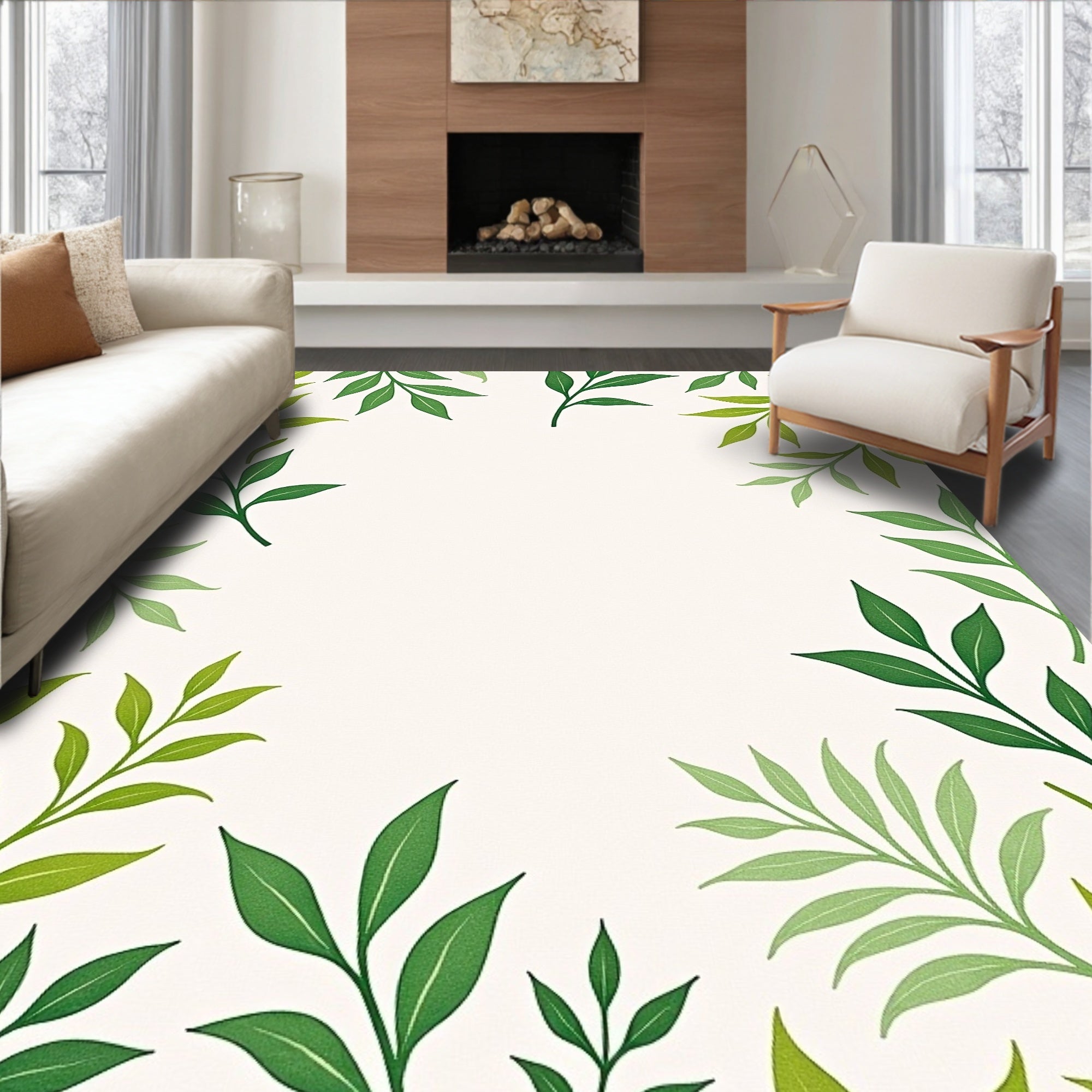 Green Leafy Branch Pattern Rug