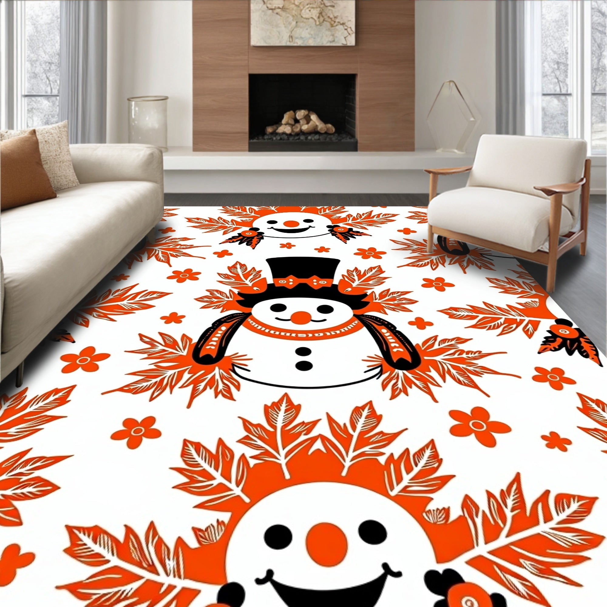 Whimsical Snowman With Leafy Accents Rug