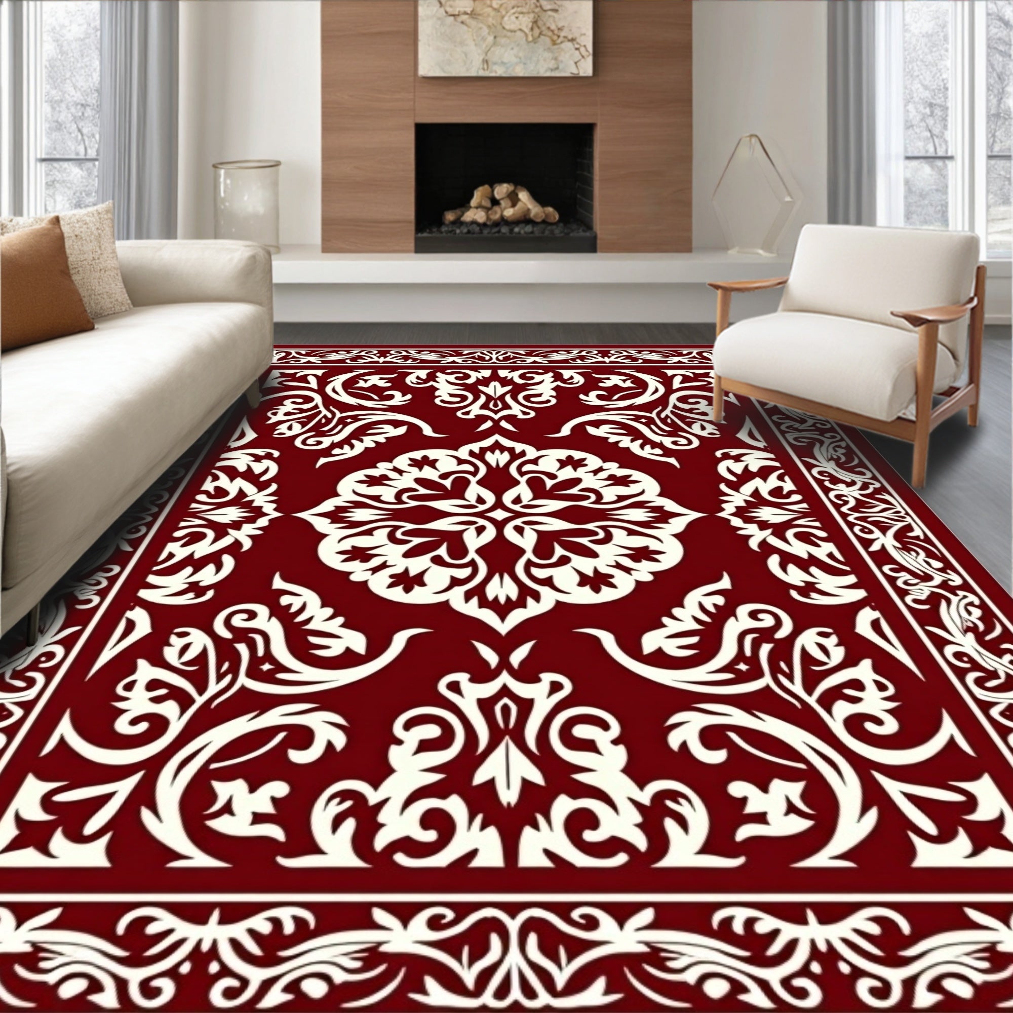 Rich Crimson and Cream Damask Rug