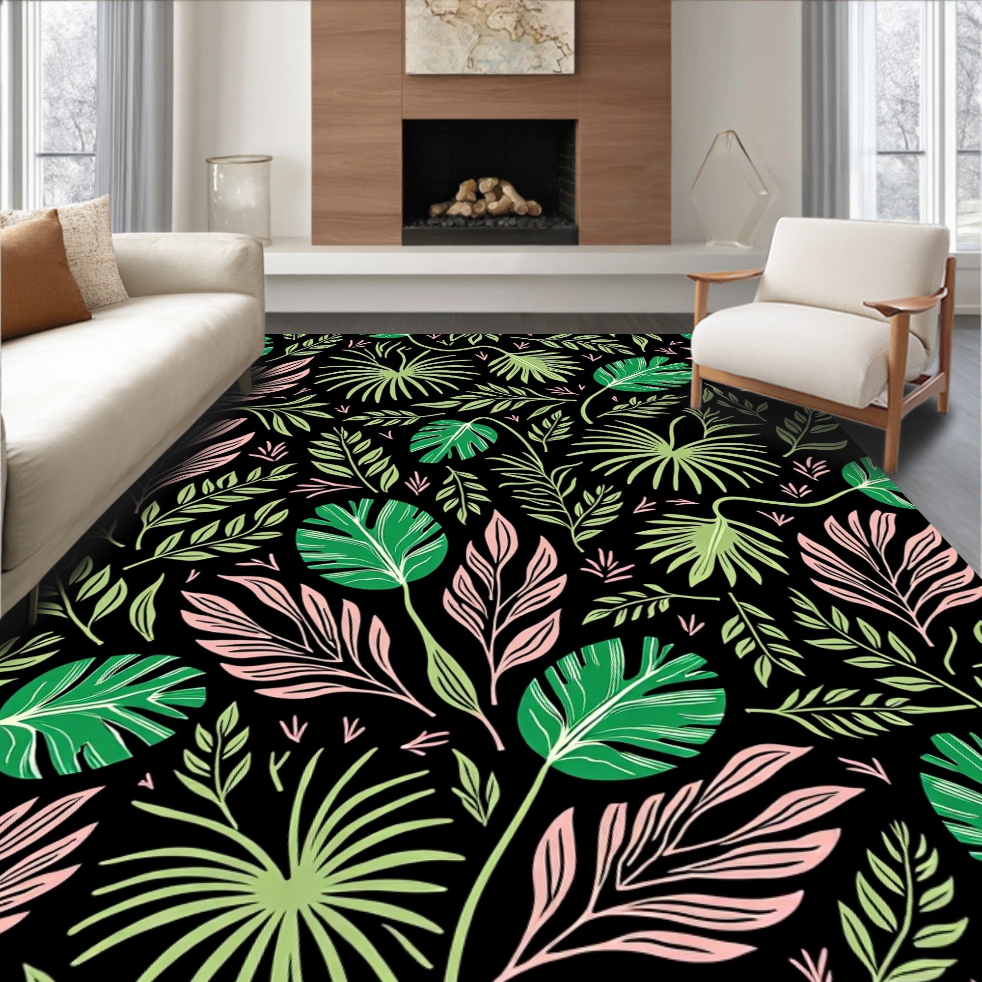 Tropical Pink Green Leafy Black Rug