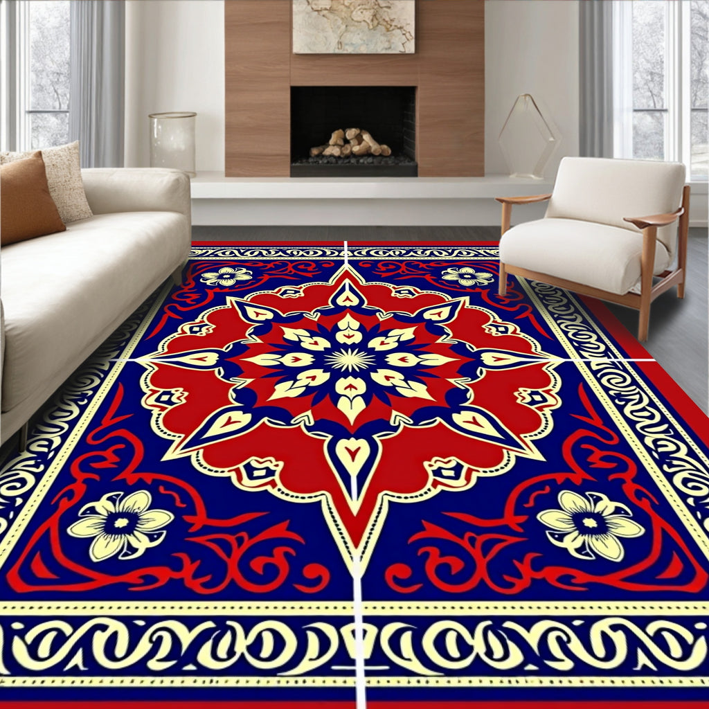 Bold Red Blue Floral Mandala Rug