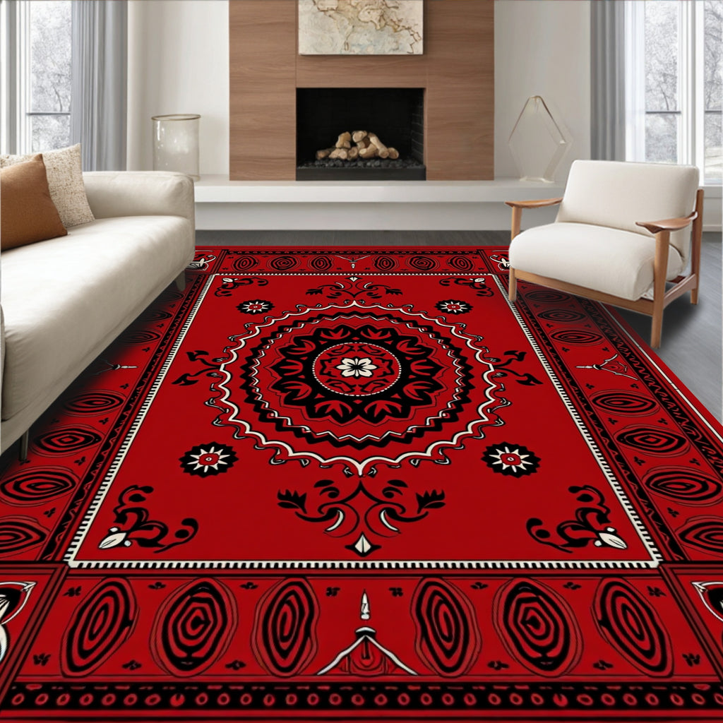 Red Geometric Mandala Border Rug