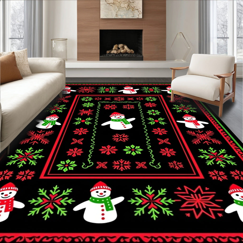 Festive Red Green Snowman Snowflakes Rug