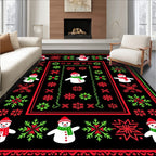Festive Red Green Snowman Snowflakes Rug