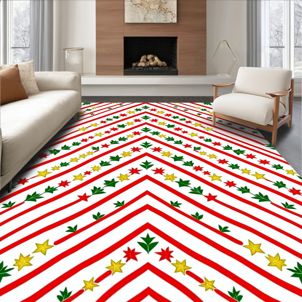 Red White Gold Green Star Garland Chevron Rug