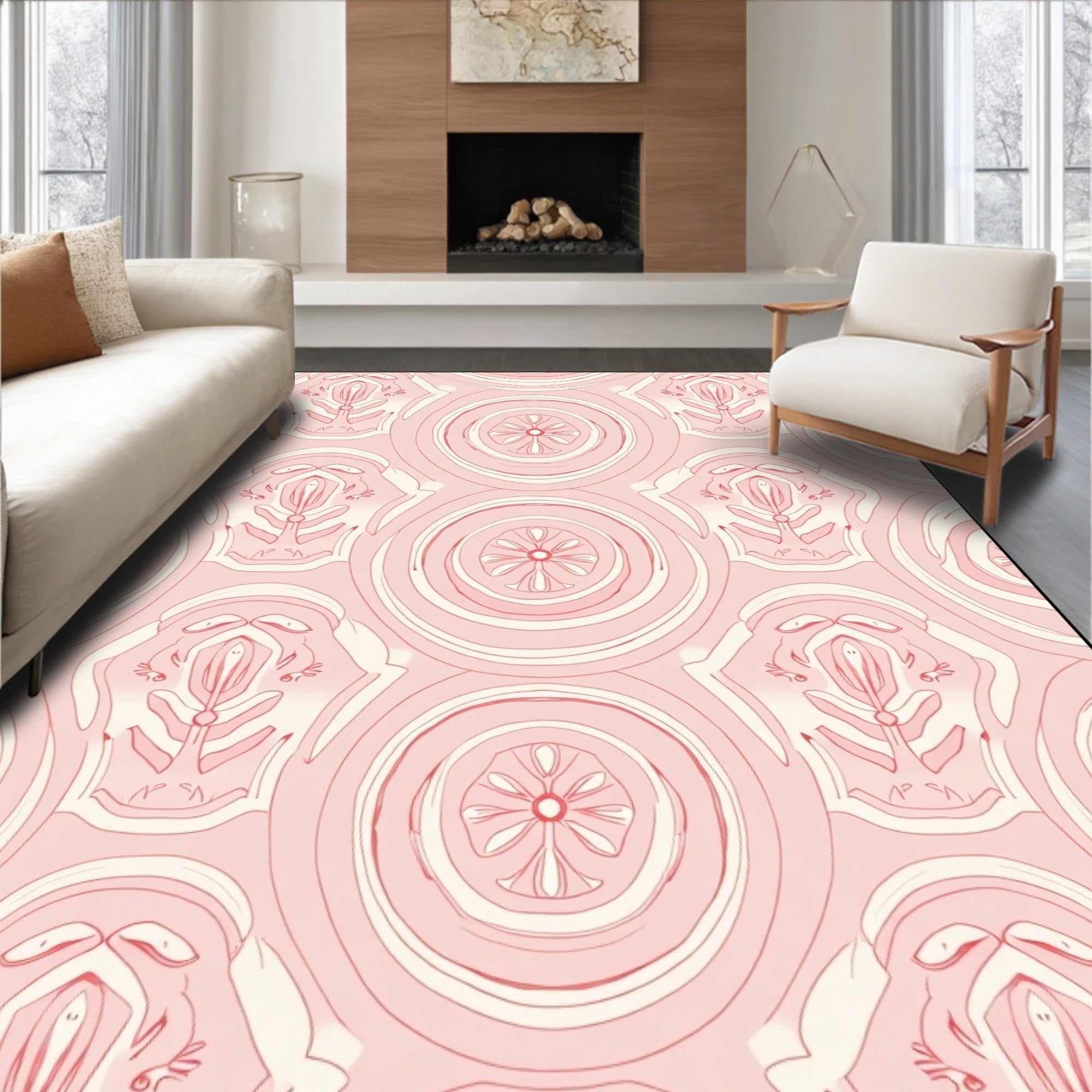 Floral Medallion Patterned Soft Pink Rug