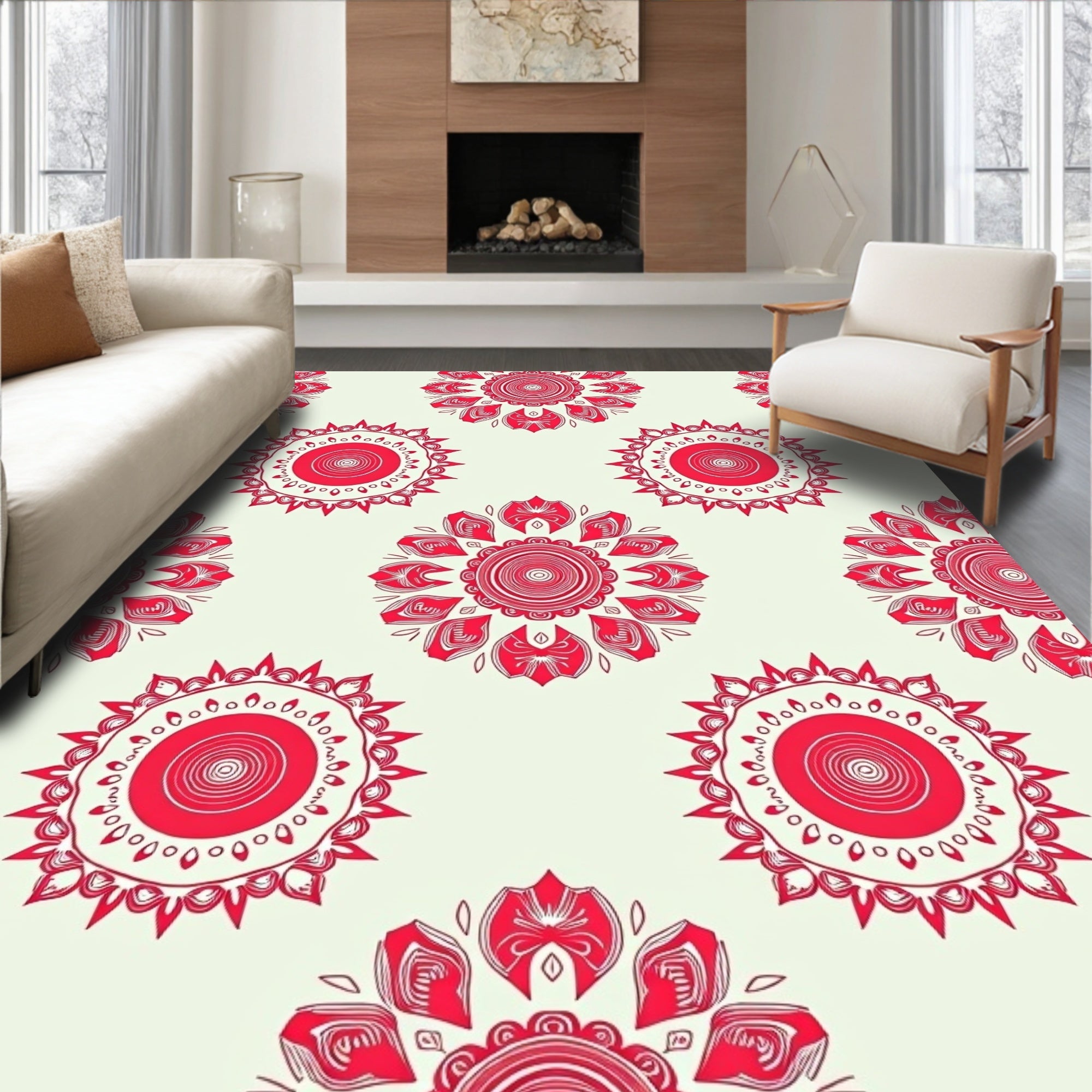 Red Sunburst Mandala Pattern Rug