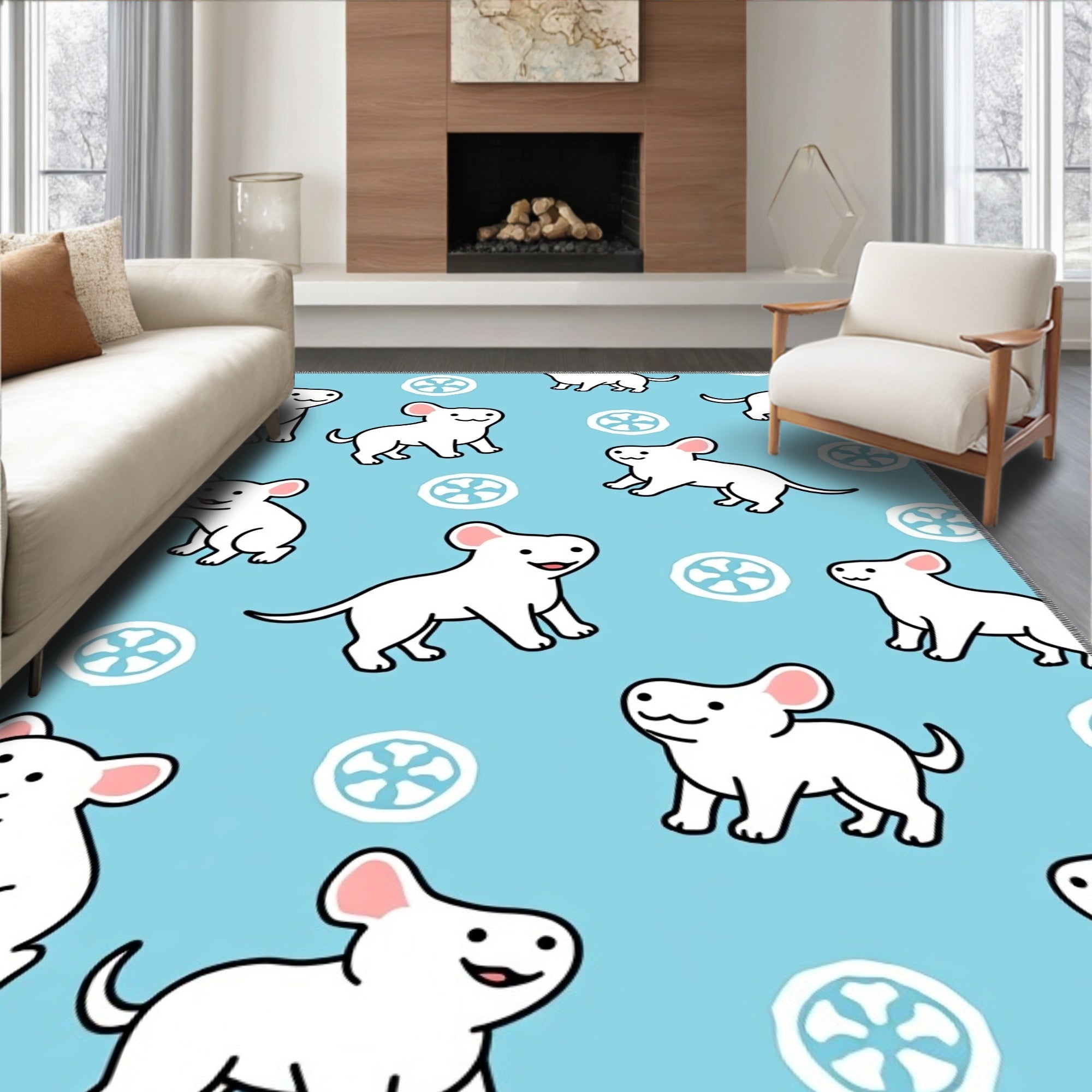 Playful White Dog Pattern Rug