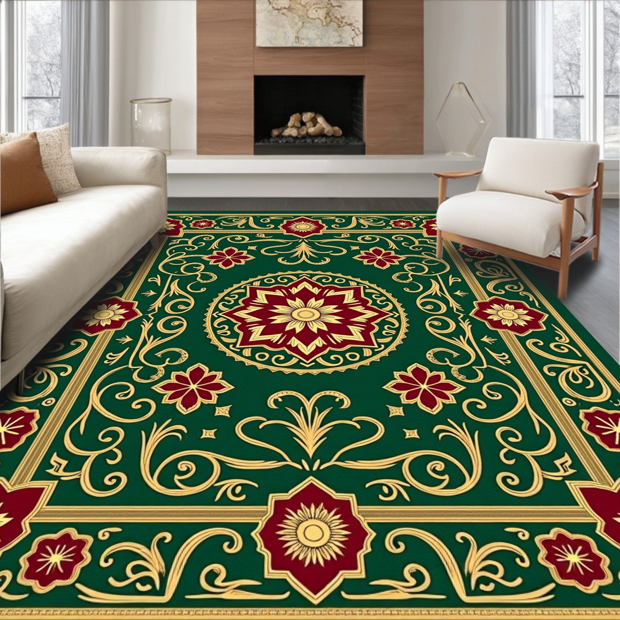 Ornate Floral Patterned Golden Rug