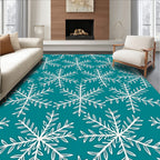 White Snowflake Pattern on Teal Background Rug