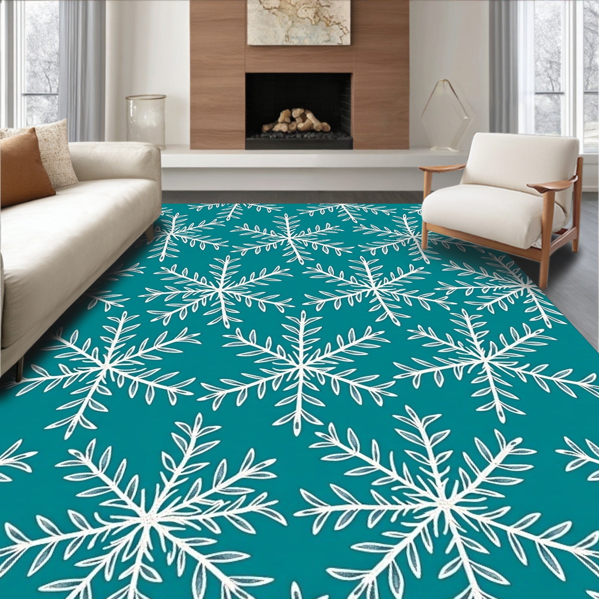 White Snowflake Pattern on Teal Background Rug