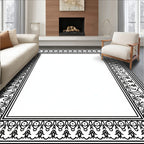 Intricate Black White Floral Border Rug