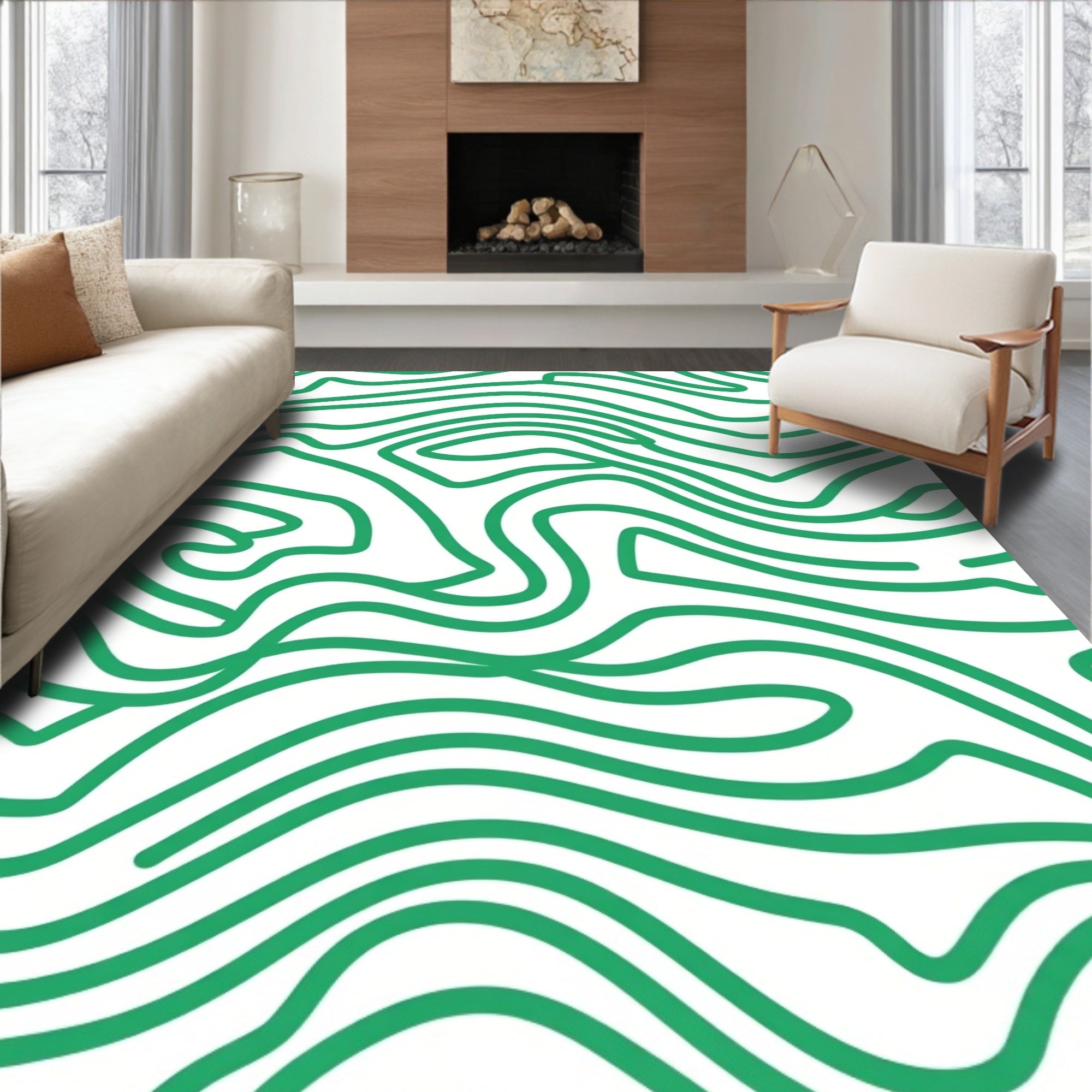 Green Abstract Wavy Lines Design Rug