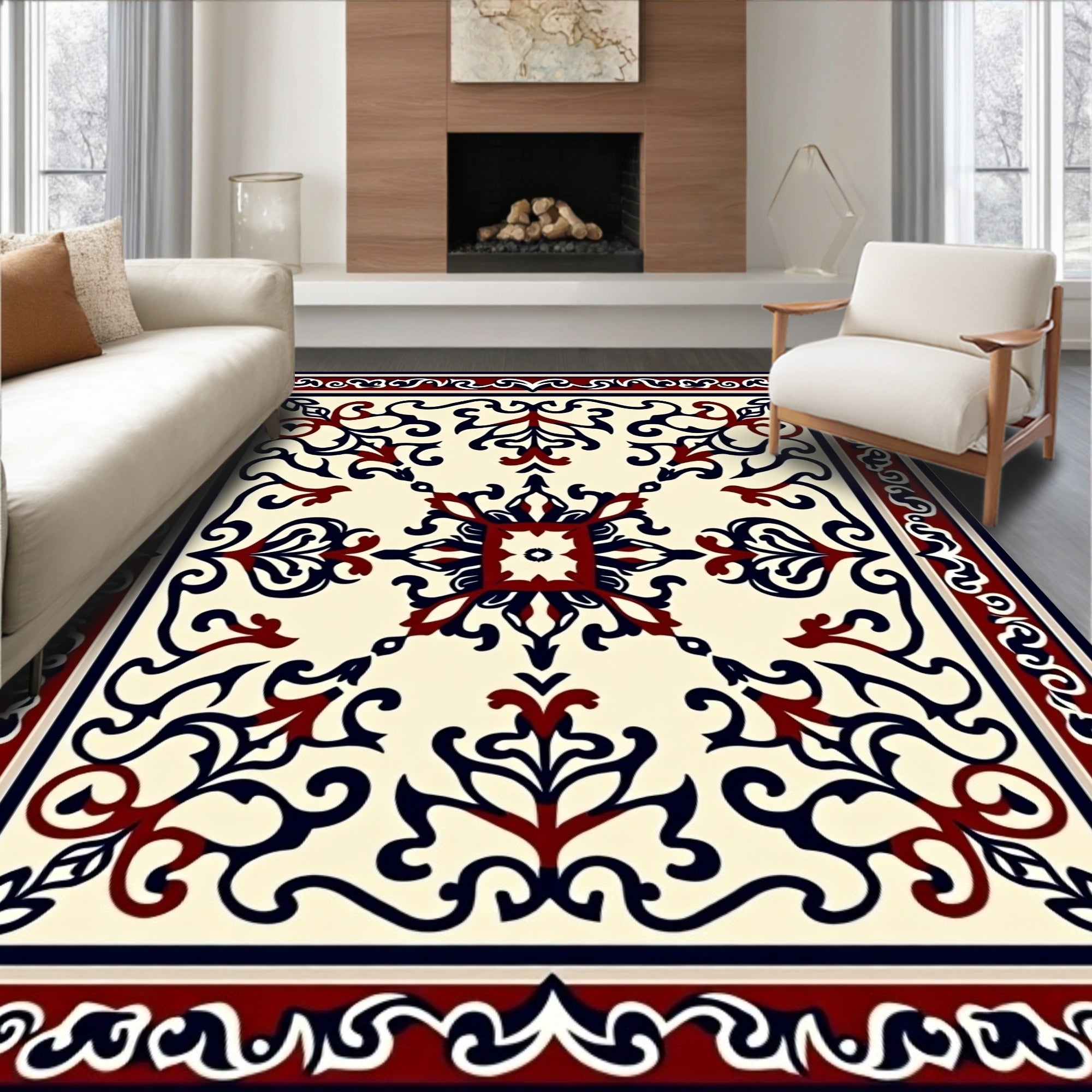 Ornate Floral Scrollwork With Border Rug
