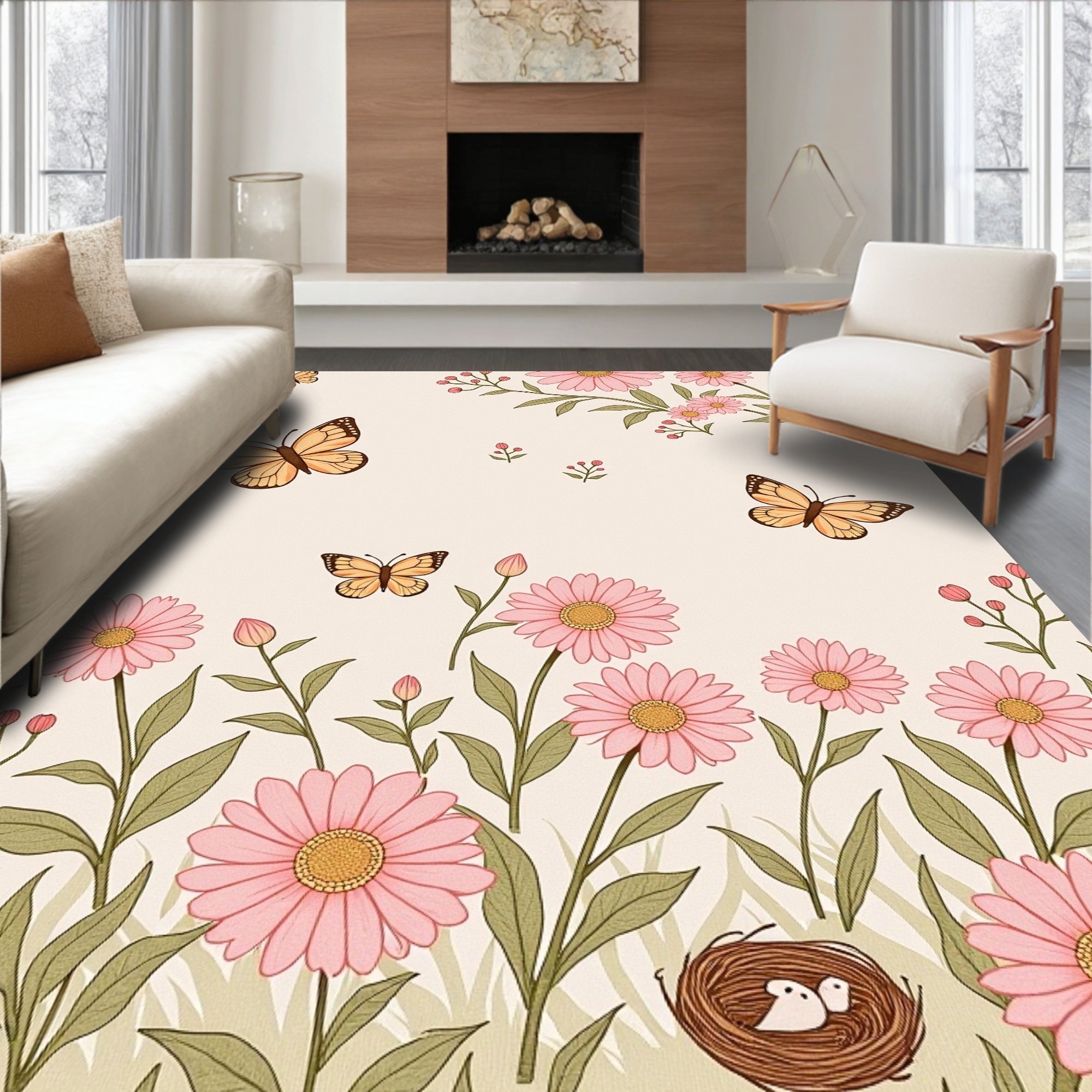 Whimsical Butterfly and Flower Garden Pattern Rug