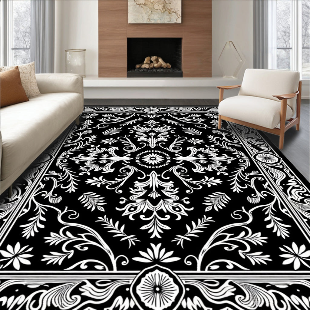 Classic Black White Floral Damask Rug