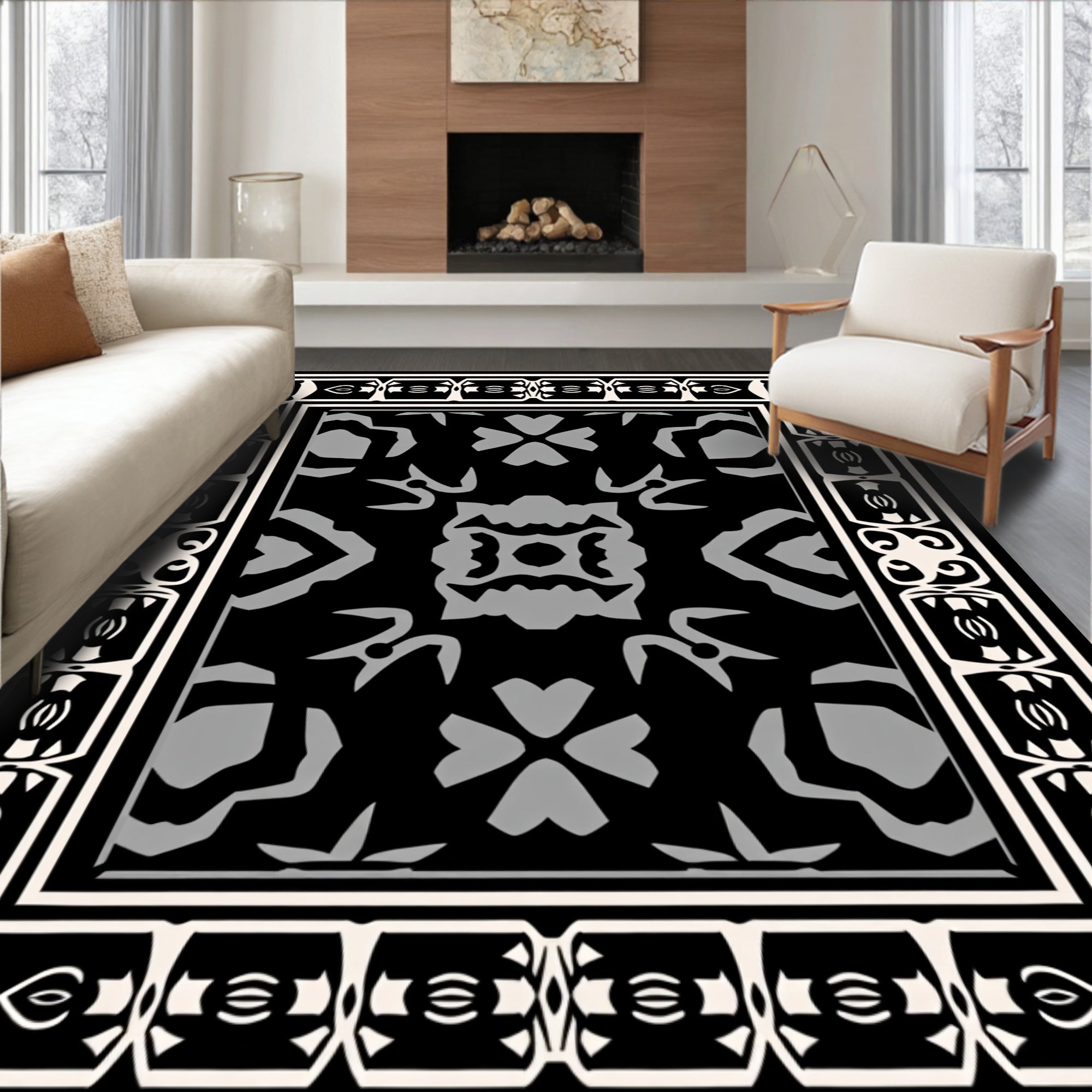 Striking Black Gray Ornamental Motif Rug
