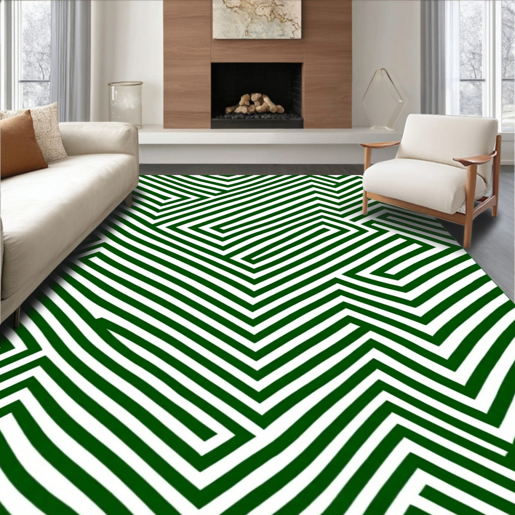 Green And White Maze Pattern Rug