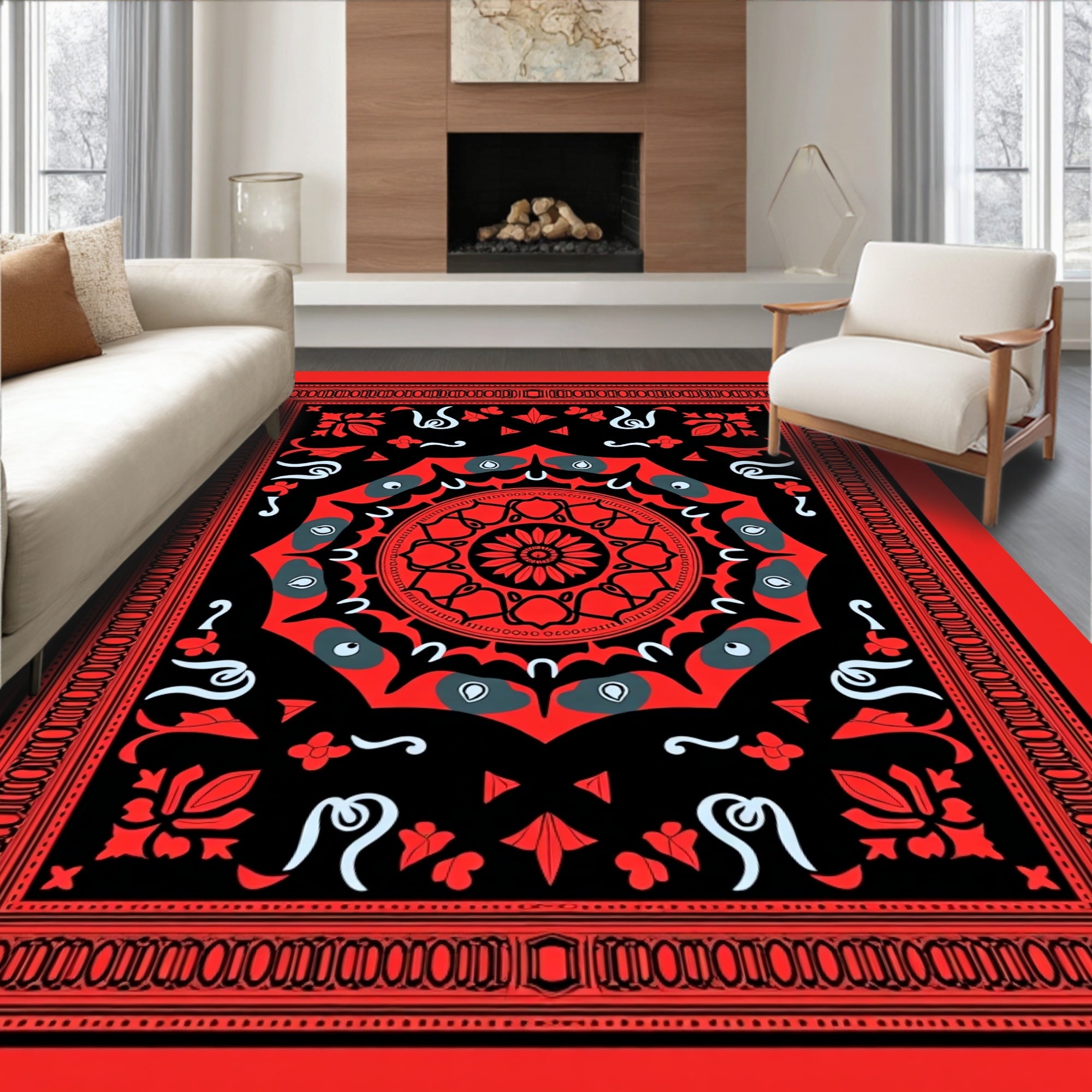 Bold Mandala Patterns Red Black Rug