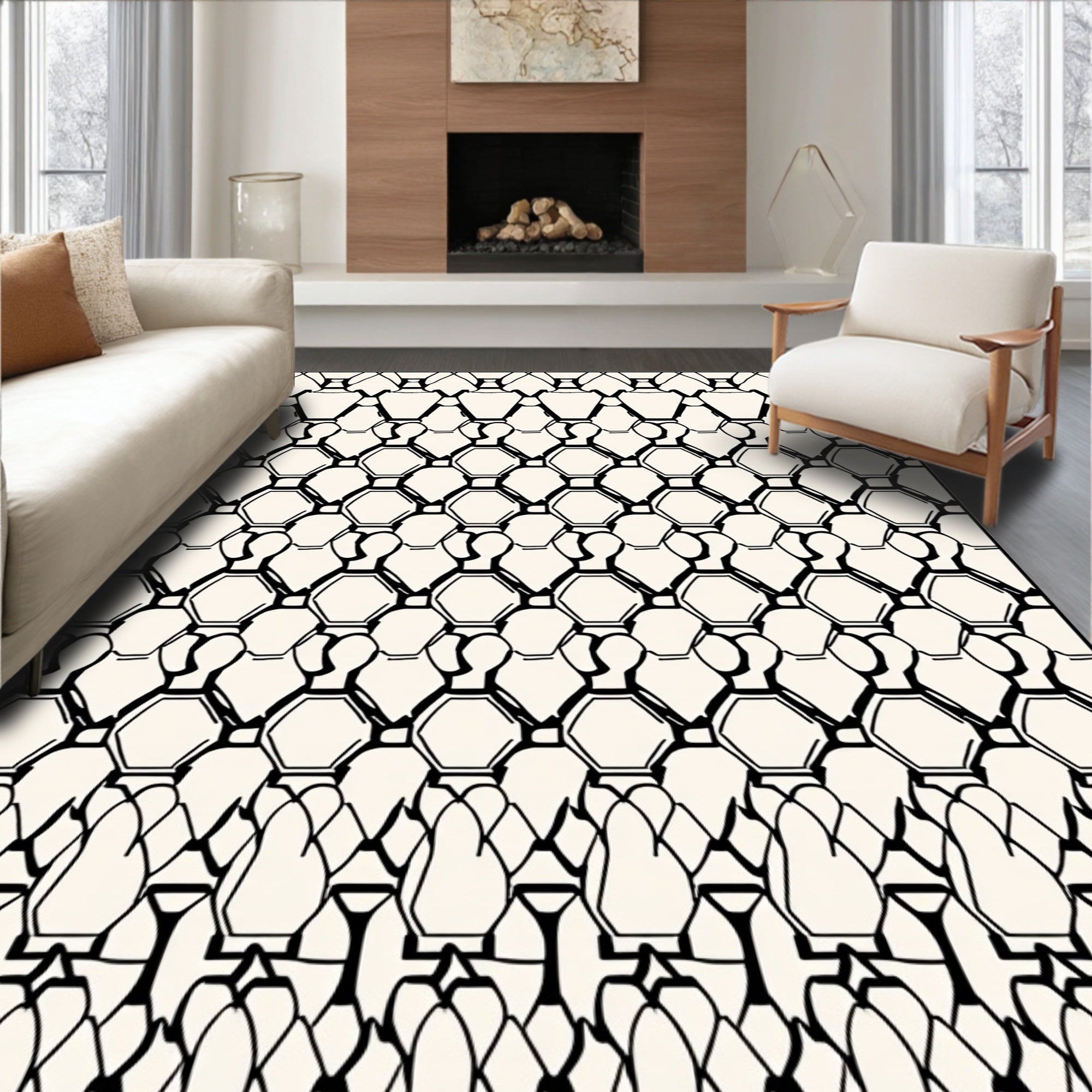 Black White Hexagonal Line Art Rug