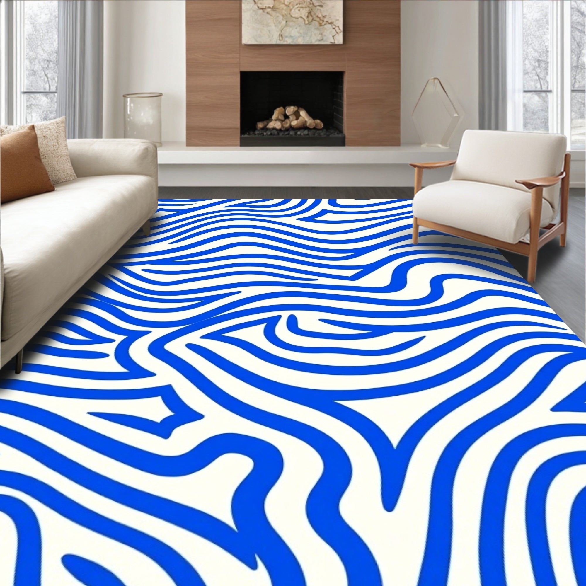 Bold Blue Wavy Abstract Rug