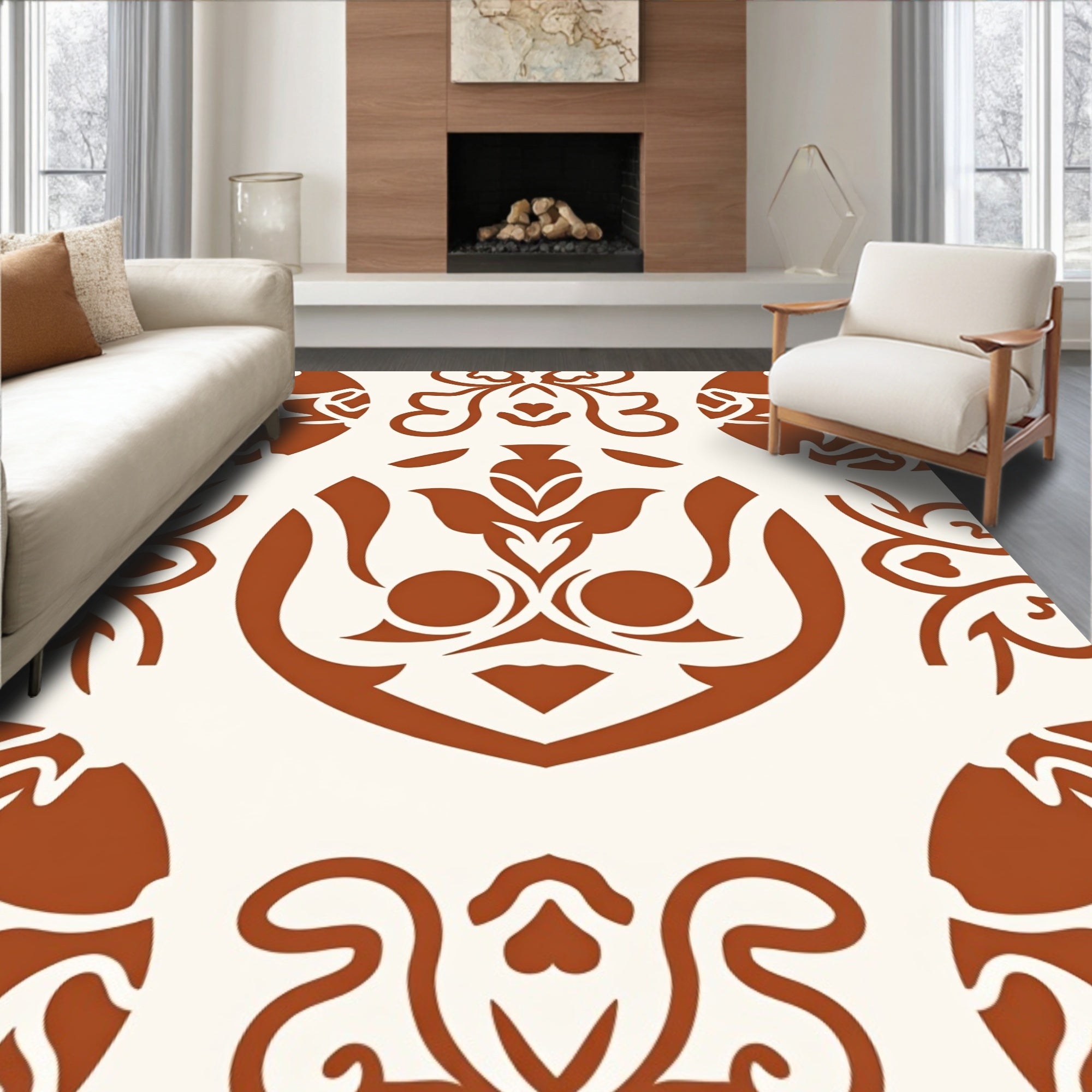 Ornate Terracotta Floral Medallion Pattern Rug