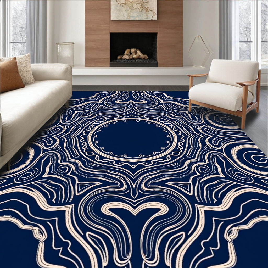 Navy Cream Abstract Swirl Pattern Rug