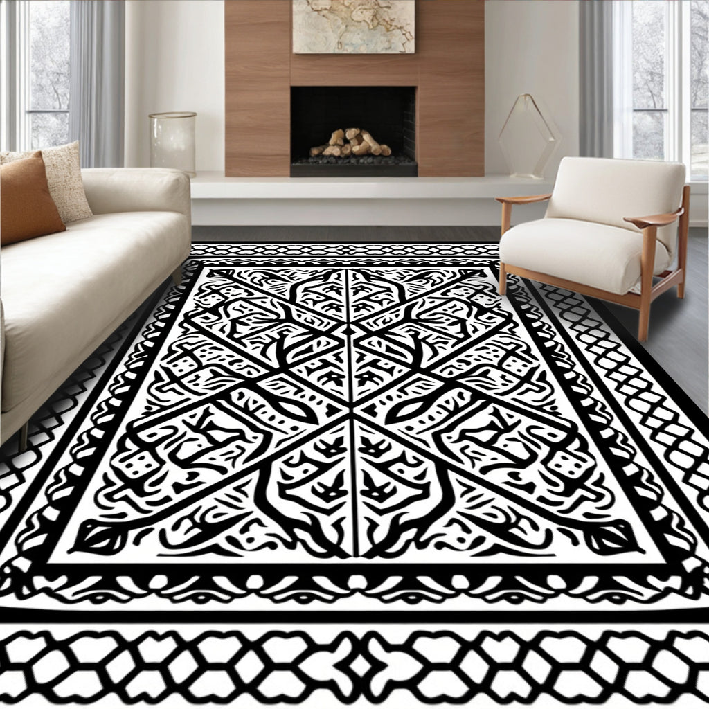Intricate Black White Geometric Patterned Rug