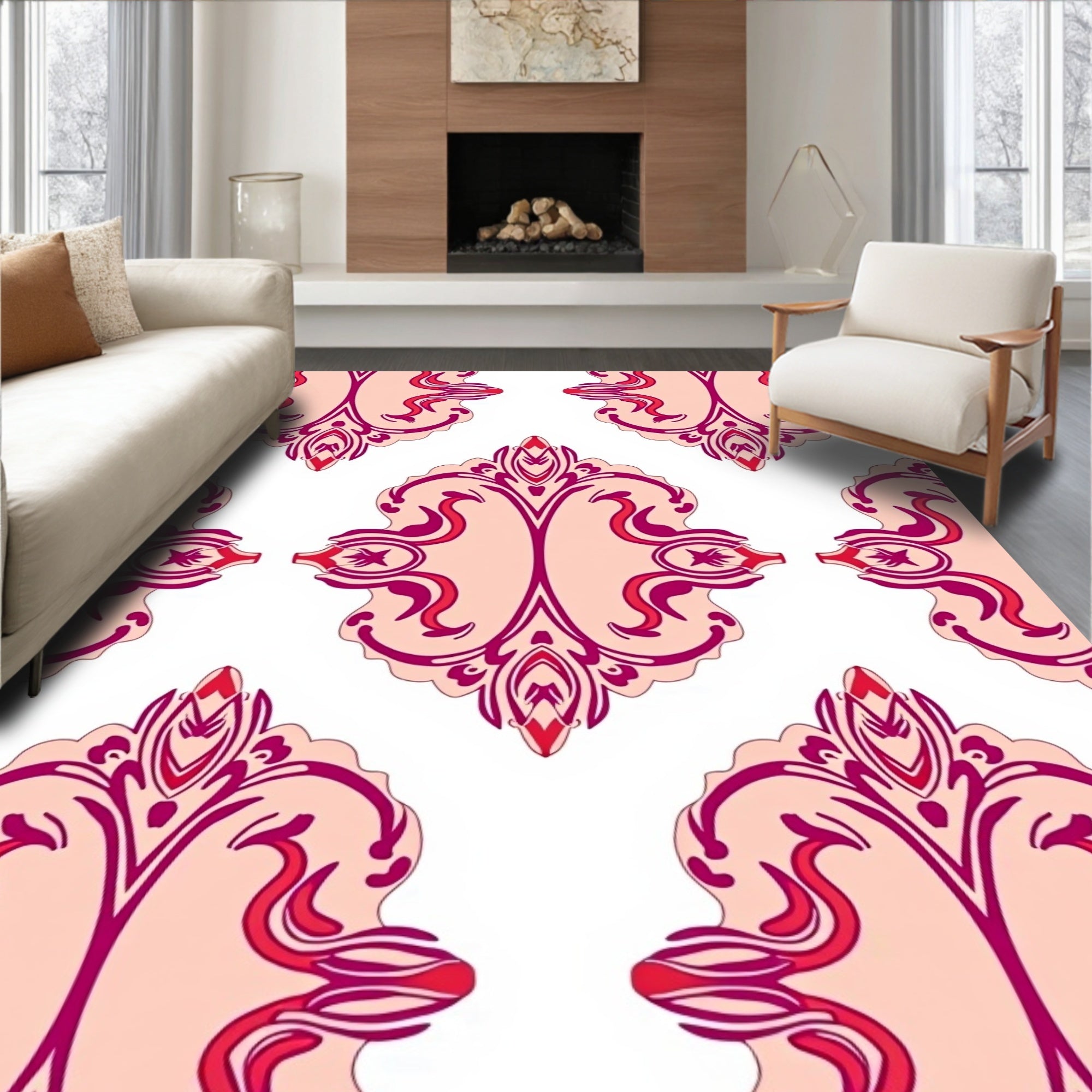 Ornate Pink Crimson Floral Pattern Rug