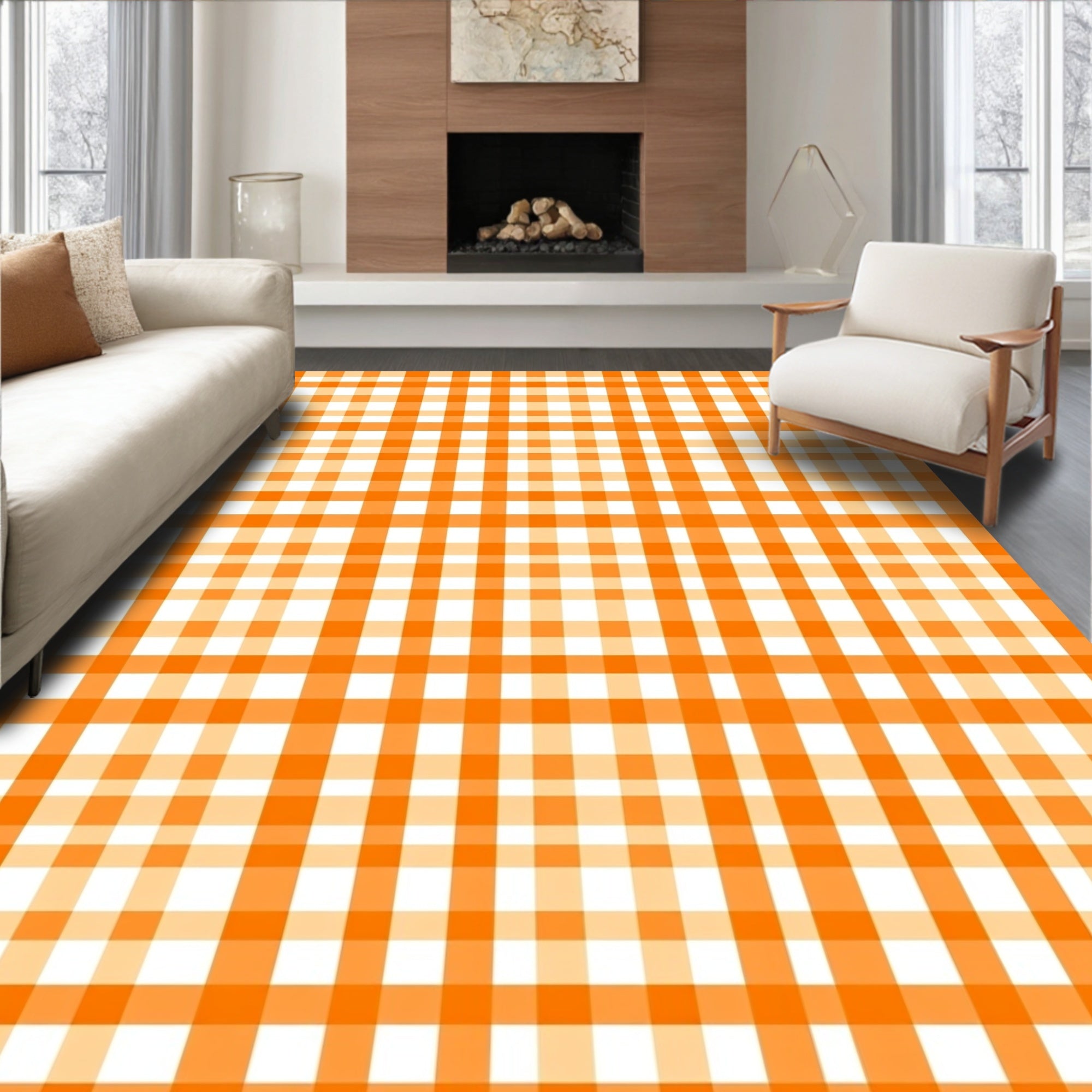 Bright Orange White Gingham Pattern Rug