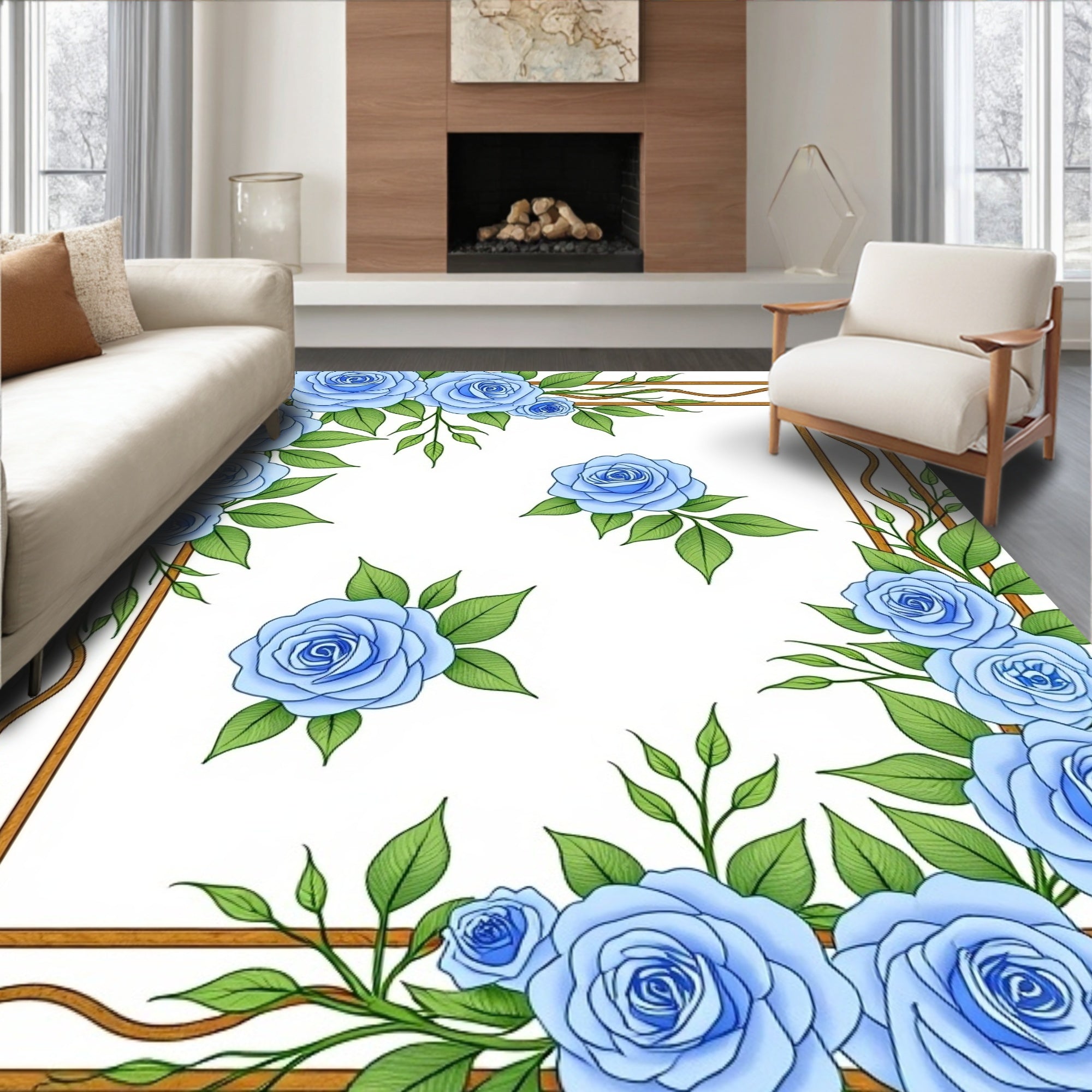 Floral Blue Rose Border Design Rug