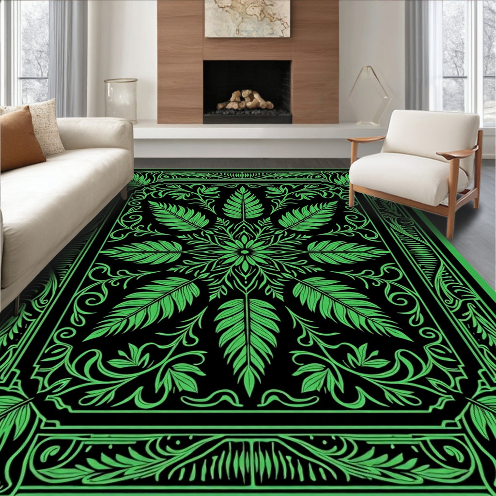 Bright Green Leaf Mandala Border Rug