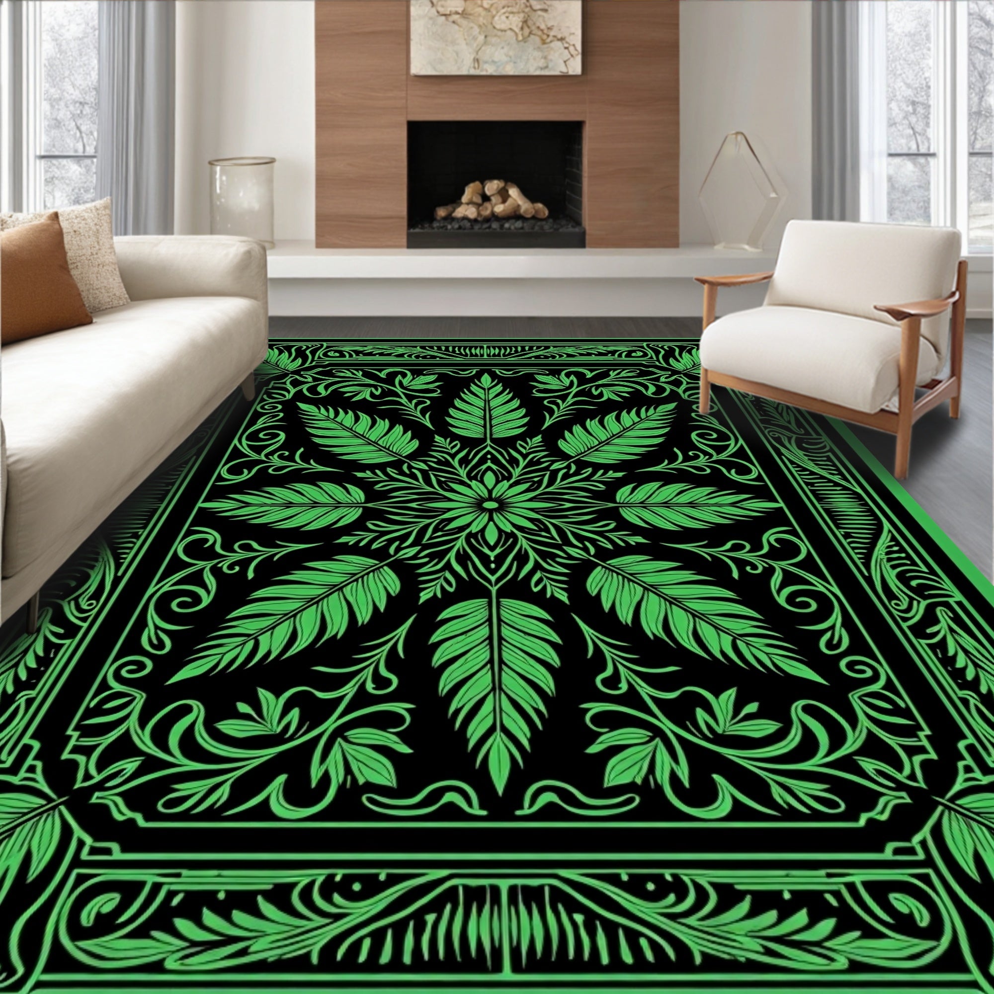 Bright Green Leaf Mandala Border Rug