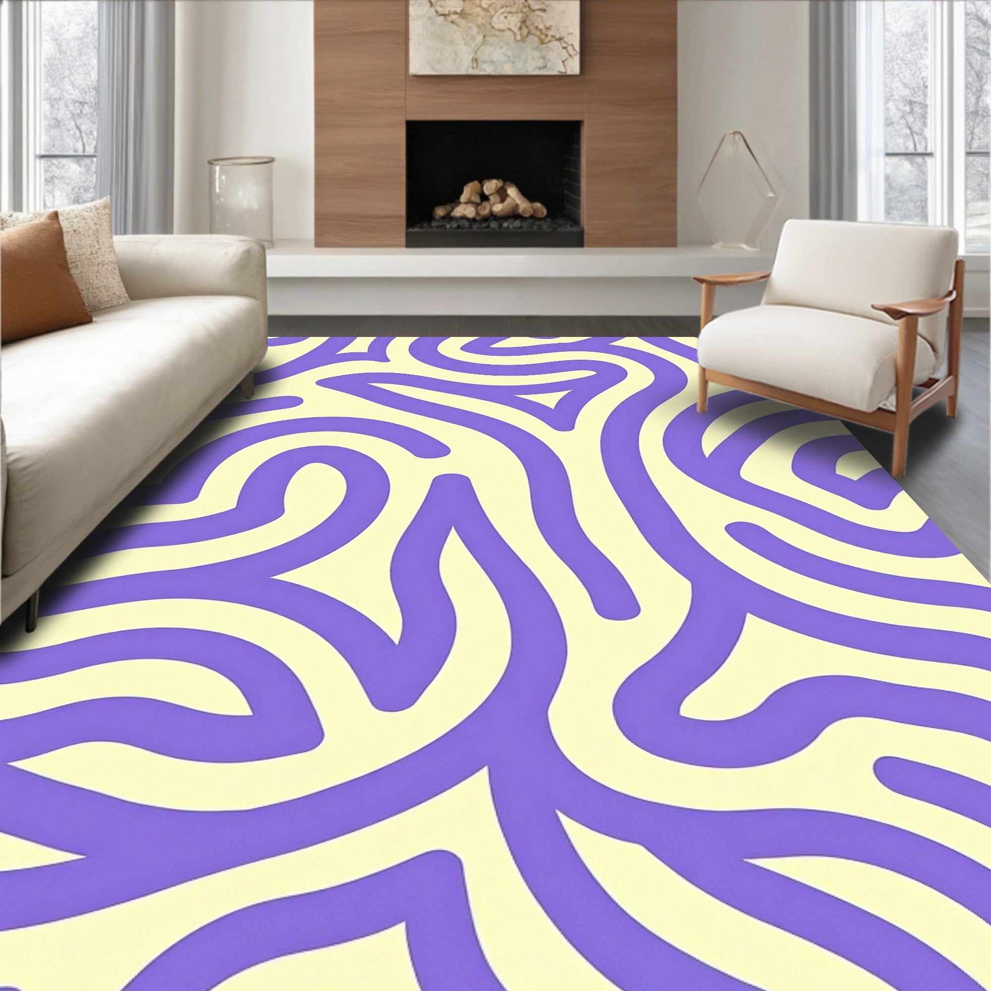 Whimsical Purple Cream Abstract Lines Rug