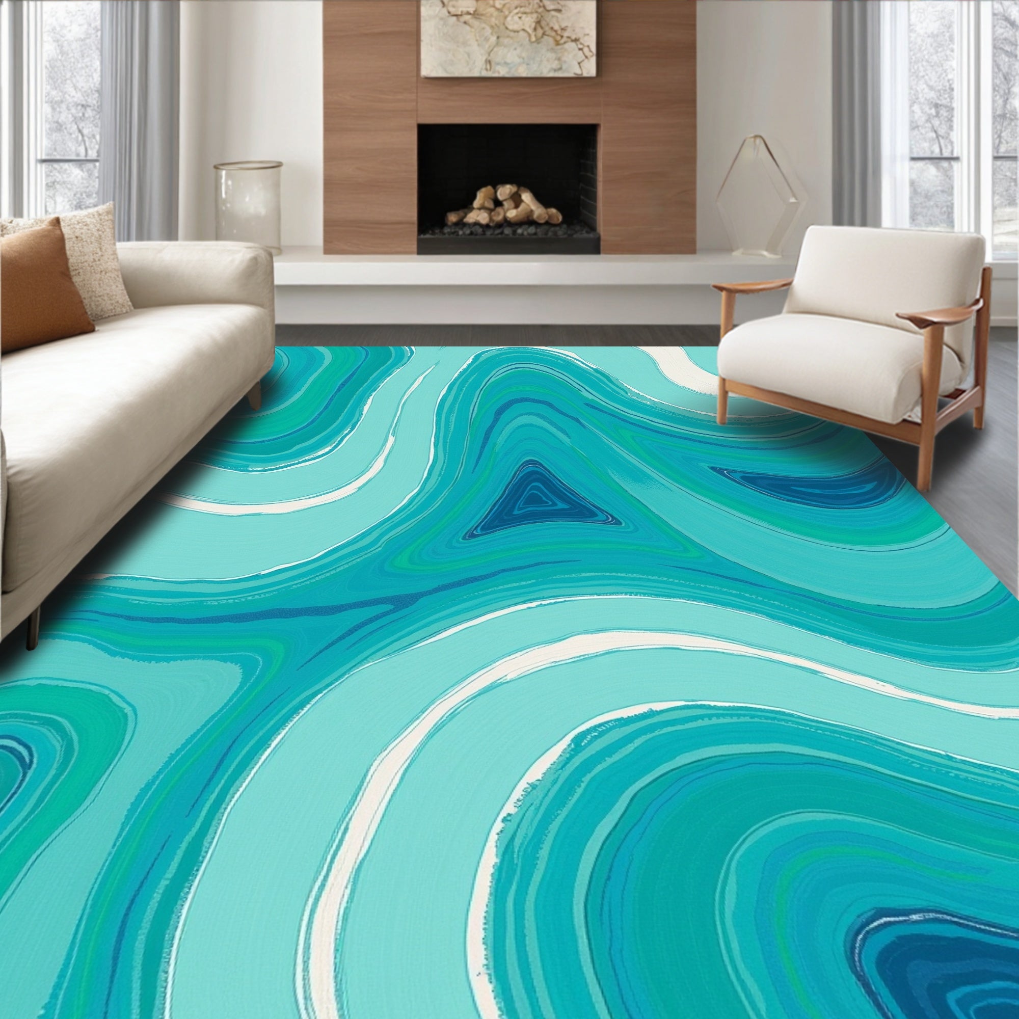 Abstract Teal Swirl Marble Pattern Rug