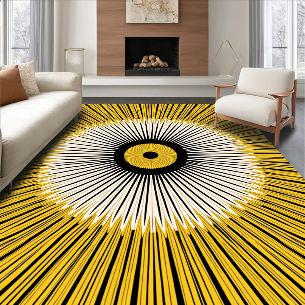 Radiating Sunburst Yellow Black Rug