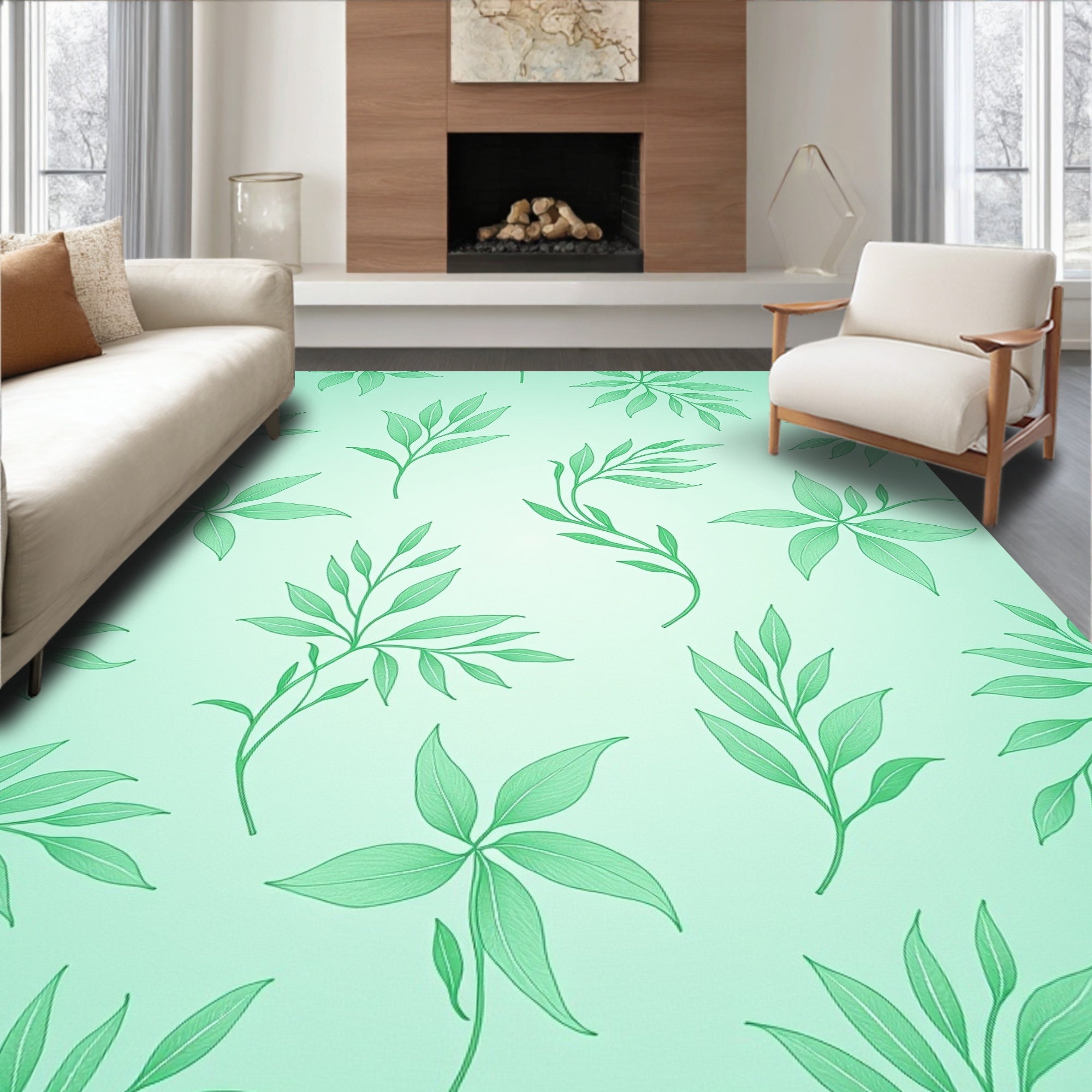 Green Leafy Botanical Pattern Design Rug