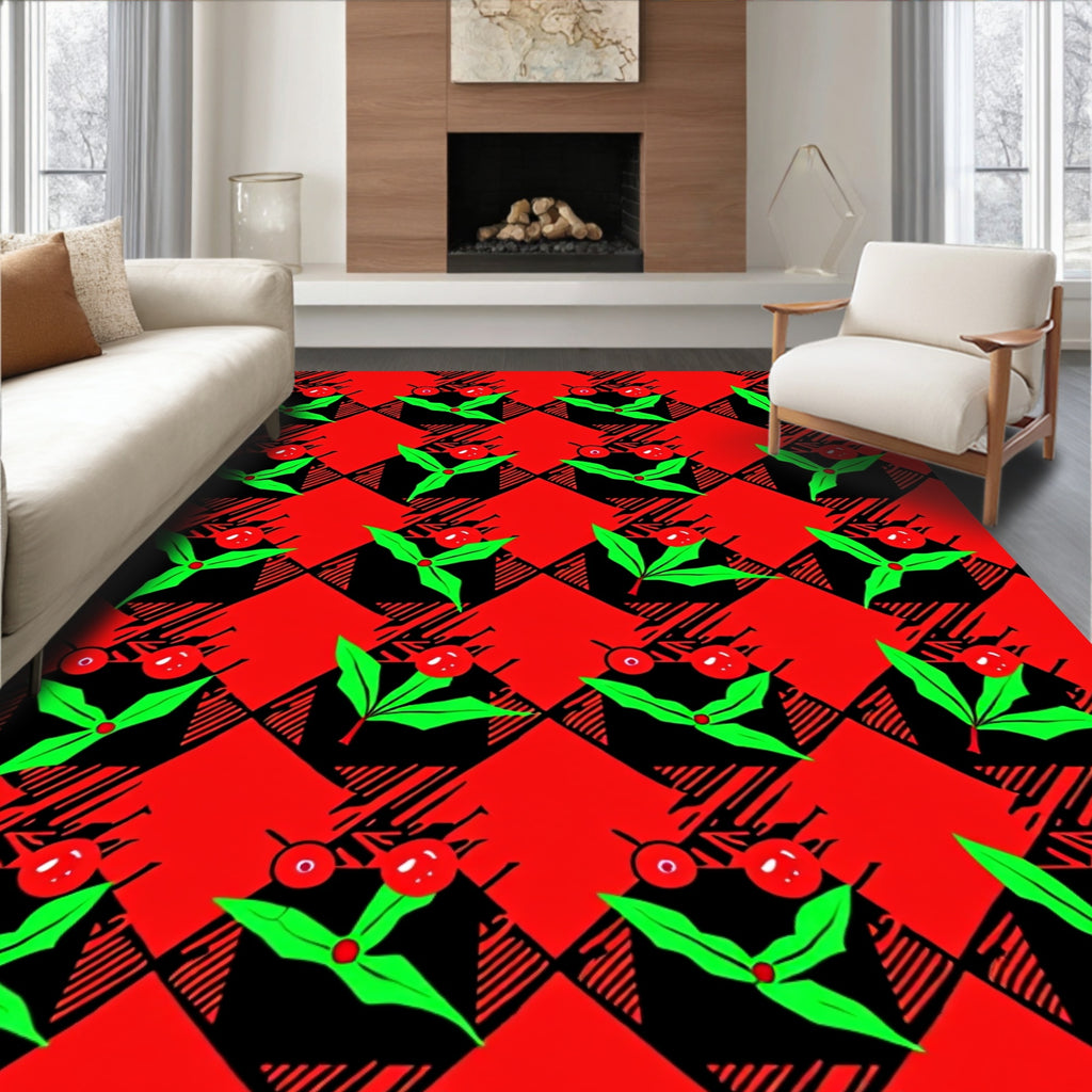 Red Black Gingham Holly Pattern Rug
