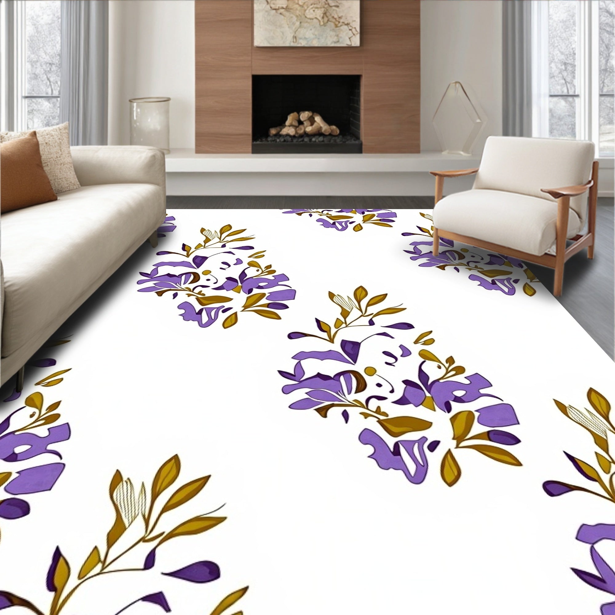 Purple Floral Branch Abstract Design Rug