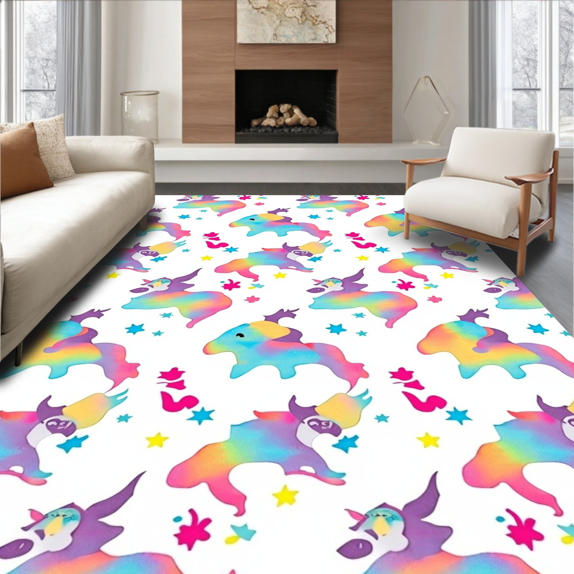 Rainbow Unicorn Stars Pattern Rug