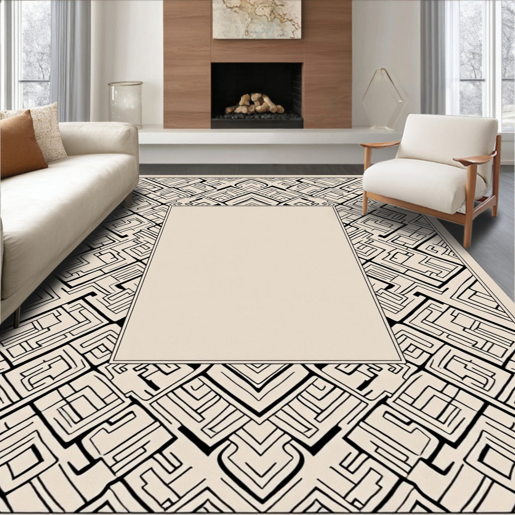 Abstract Black Geometric Maze Pattern Rug